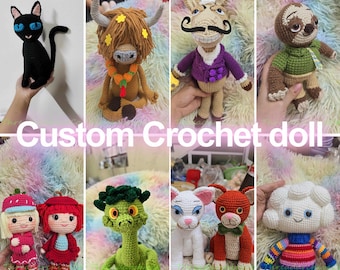 Custom Plush Commission, Aristocrat Cat Crochet, Highland Cow Amigurumi, Sloth Doll, Fruit Girl Toy, Personalized Stuffed Animal