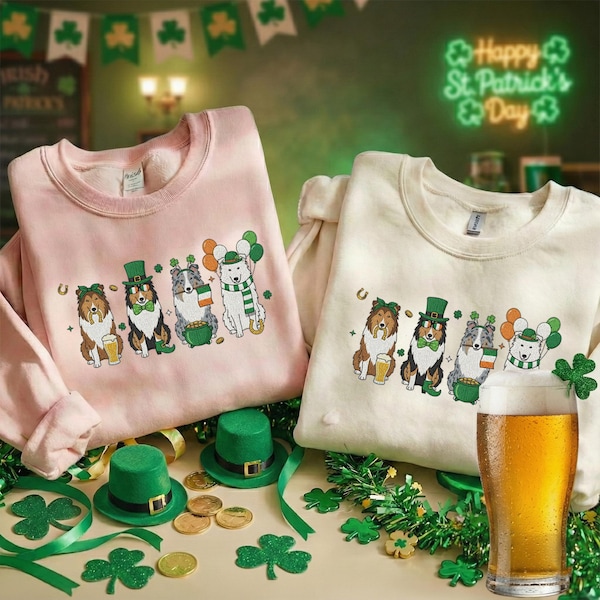 Scotch Collie St Patricks Day Embroidered Sweatshirt, Lucky Irish Collie Mom, Shamrock Dog Gift, Patrick Day Dog Shirt
