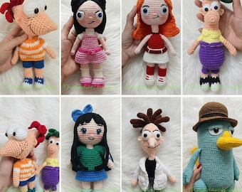 Custom Phineas and Ferb Crochet Doll, Candace Flynn Amigurumi, Perry the Platypus Doll, Isabella Doll, Dr. Heinz Doll, Cartoon Plush Toys