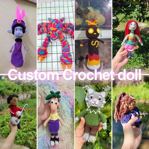 May include: A collection of eight custom crochet dolls featuring various characters, including a purple figure with pink feathers, a multi-colored crab, a dark figure with yellow eyes, a red-haired doll, a boy with a guitar, a boy with green hair, a gray cat, and a doll with brown hair.
