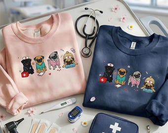 Pug Nurse Embroidered Sweatshirt | Dog Nurse Shirt | Medical Worker RN Dog Apparel | Nursing Student Crewneck | Healthcare Hero Gift