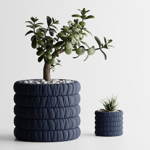 May include: Two navy blue fabric planters, one large and one small, each with a textured, stacked design. The larger planter holds a jade plant with green leaves and a brown trunk. The smaller planter contains a succulent.