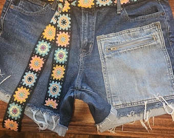 Gap jean shorts with added pocket, Hippie belt and patches. Size 12