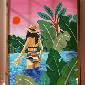Colorful Costa Rica Travel Poster: Hand-Painted Tropical Pool Scene Art Print