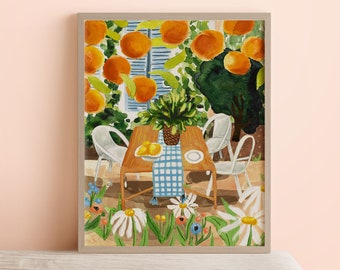 Orange Tree Art Print, Spring Picnic Watercolor Painting