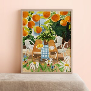 Oranges Orange Clementine Citrus Fruit Blue Rustic Cottage Kitchen Watercolor Gouache Painting Art Print Food Wall Art Decor Farmhouse