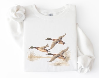 Sudadera unisex de cuello redondo con diseño de pato real, arte vintage de aves acuáticas, acogedora y neutra.