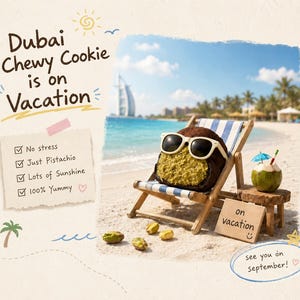 May include: A whimsical illustration of a Dubai Chewy Cookie on vacation. The cookie, with sunglasses, relaxes in a beach chair. A coconut drink with a tiny umbrella sits nearby. The image includes text: "Dubai Chewy Cookie is on Vacation" and "see you on September!"