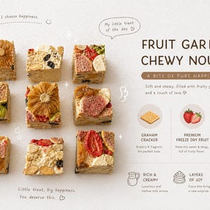 May include: An overhead shot showcases a collection of fruit garden chewy nougat squares. Each square is filled with various fruits, including strawberries, figs, and dried pineapple. The image includes text that reads "Fruit Garden Chewy Nougat."