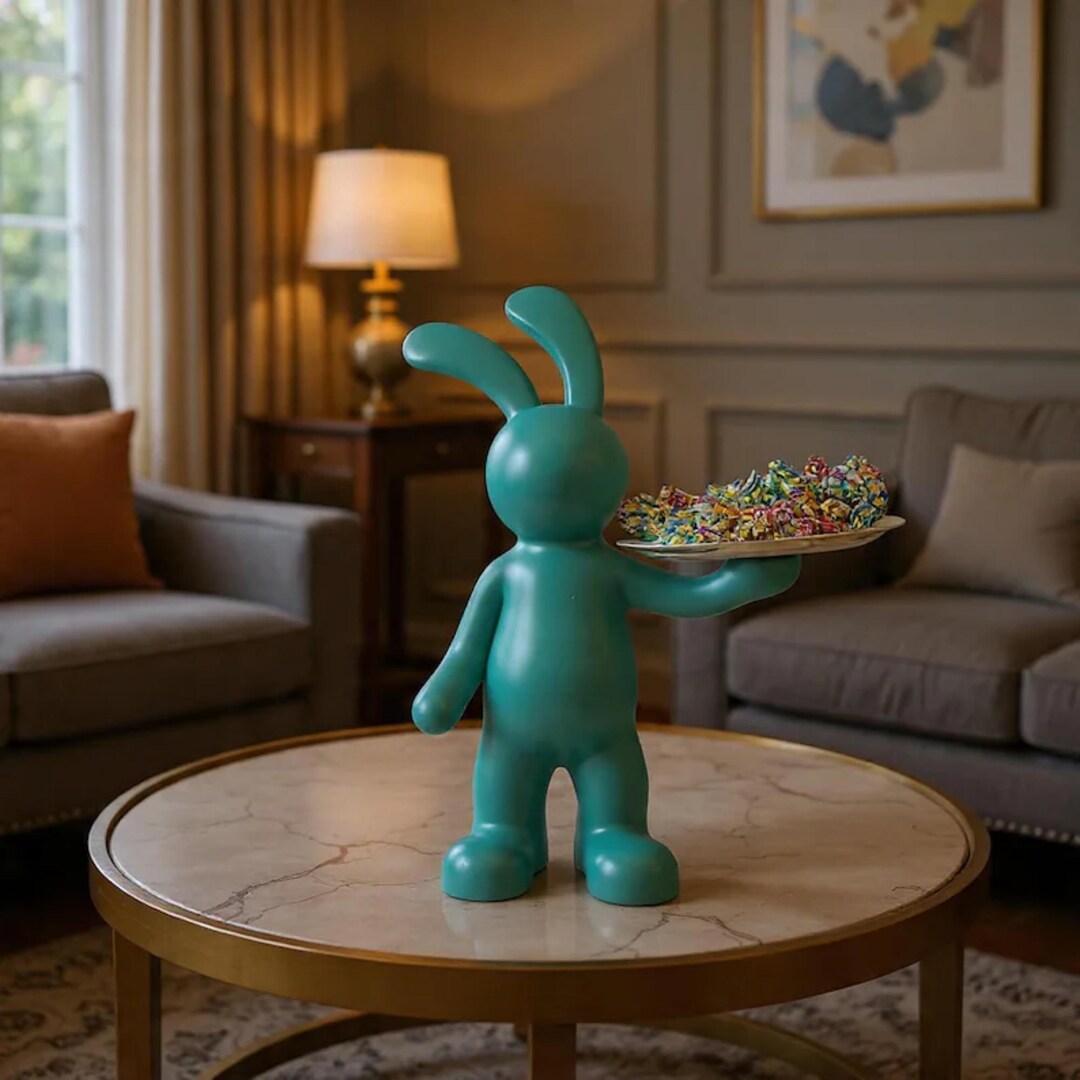 Modern Teal Bunny Butler Statue Sculpture - Whimsical Rabbit Candy Tray ...