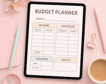 May include: A digital budget planner on a tablet with the title "Budget Planner". The tablet is surrounded by a pink pencil, a pink paper clip, a cup of coffee, a pink notepad, a pen, and a small dish with paper clips. Pink flowers are in the background.