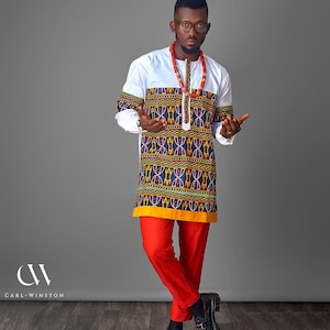 Ndeh Ancestral Crest Tunic | African Menswear | Toghu Inspired Shirt | Luxury Cultural Clothing | Ivory African Tunic for Men