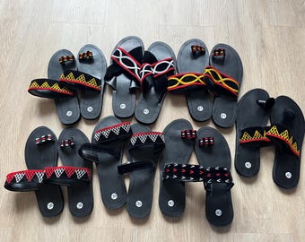 Embroidered Women’s African Slide Sandals | Toghu Print Cameroonian Slippers | Handmade Cultural Shoes US size 9.5