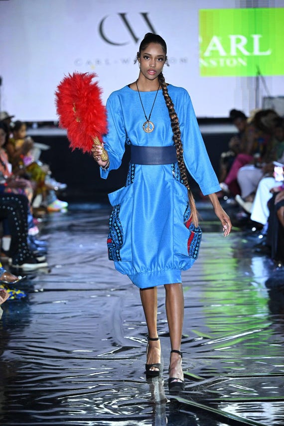 Royal Blue Satin Dress with African Print Panels, One Size