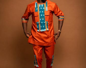 Ndeh Gebranntes Safran Erb Set für Herren | Afrikanische Herrenbekleidung | Kente Zweiteiler Outfit | Traditionelle afrikanische Kleidung
