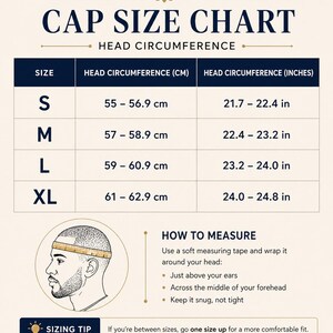 Puede incluir: Una tabla de tallas de gorras con medidas de circunferencia de la cabeza en cent&iacute;metros y pulgadas. Las tallas van de S a XL, con medidas de 55 a 62,9 cm y de 21,7 a 24,8 pulgadas. Incluye instrucciones.