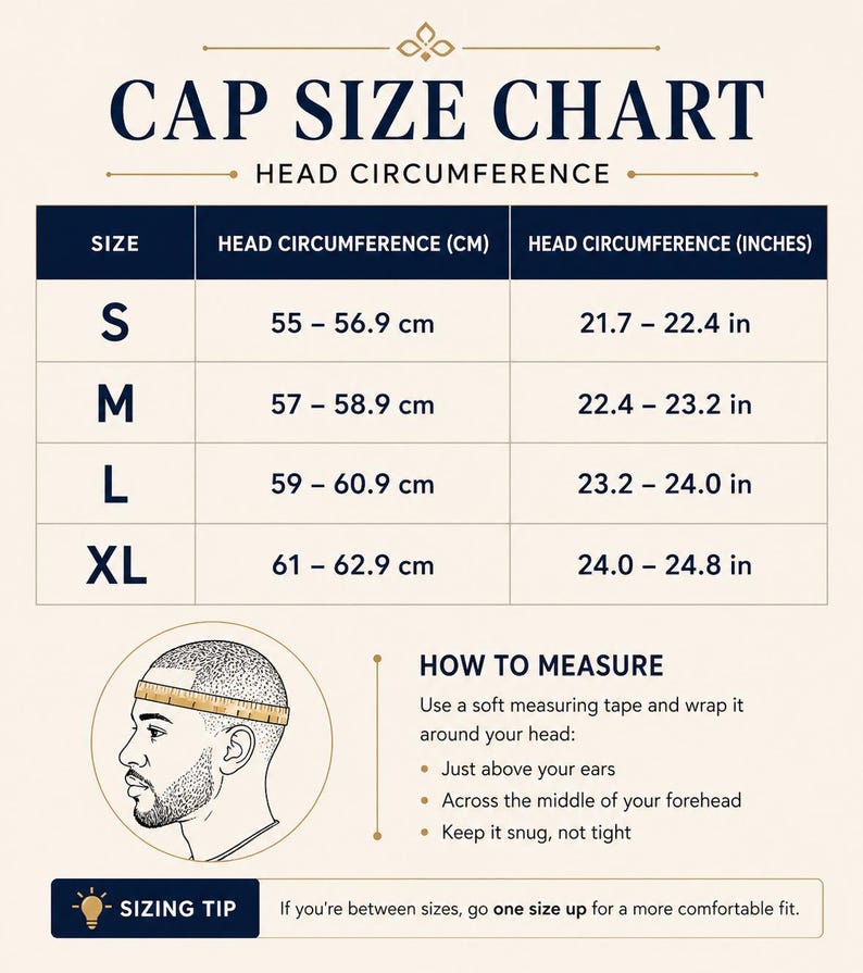 Puede incluir: Una tabla de tallas de gorras con medidas de circunferencia de la cabeza en cent&iacute;metros y pulgadas. Las tallas van de S a XL, con medidas de 55 a 62,9 cm y de 21,7 a 24,8 pulgadas. Incluye instrucciones.