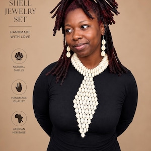 May include: A 3-piece shell jewelry set, including a necklace and earrings, is displayed. The necklace features a diamond-shaped design. The text on the image reads "Handmade with Love", "Natural Shells", "Handmade Quality", and "African Heritage". The words "Timeless, Elegant, Cultural" are also present.