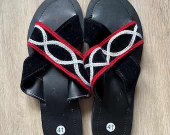 Embroidered African Toghu Slippers for Women | Traditional Cameroonian Sandals | Handmade Cultural Footwear size 8.5 USA