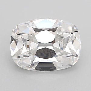 May include: A cushion-cut diamond with a brilliant, multifaceted surface. The gemstone is clear and colorless, reflecting light to create a sparkling effect. The shape is a modified square with rounded corners, showcasing its symmetrical facets.