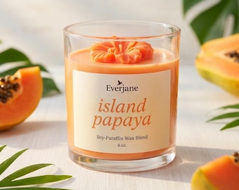 Island Papaya Candle, Tropical Papaya Scented Candle, Hibiscus Flower Top, 8 oz