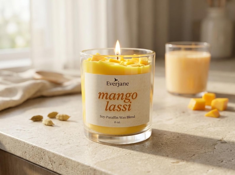 May include: A lit mango lassi scented candle in a clear glass jar. The candle has a yellow wax with mango chunks on top. The label reads "mango lassi" and "Soy-Paraffin Wax Blend 8 oz.". A glass of mango lassi and mango pieces are in the background.