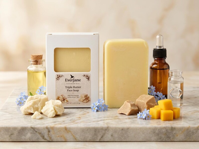 May include: A display of skincare items, including a yellow soap bar, a bottle of oil, and a box of soap labelled "Triple Butter Face Soap." Also shown are butter chunks and cubes, and small blue flowers. The items are arranged on a marble surface.