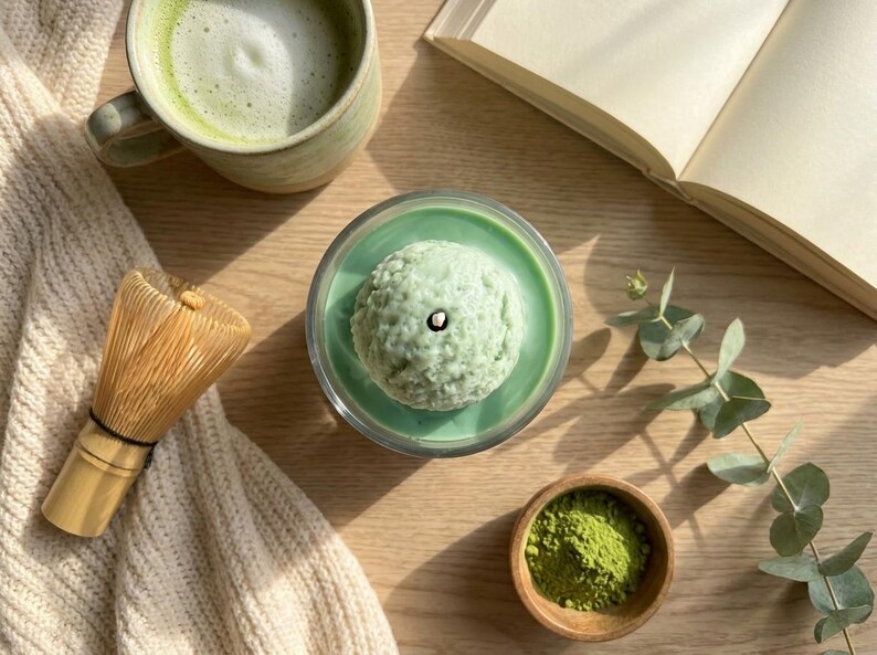 May include: Overhead shot of a matcha-themed setup. A green matcha latte in a ceramic mug, a matcha candle, a bamboo whisk, and a small bowl of matcha powder are arranged on a wooden surface. An open book and a sprig of eucalyptus are also present.