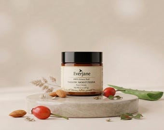 Grass Fed Tallow Face Cream, 2 oz Moisturizer for Dry Skin, Handmade Skincare