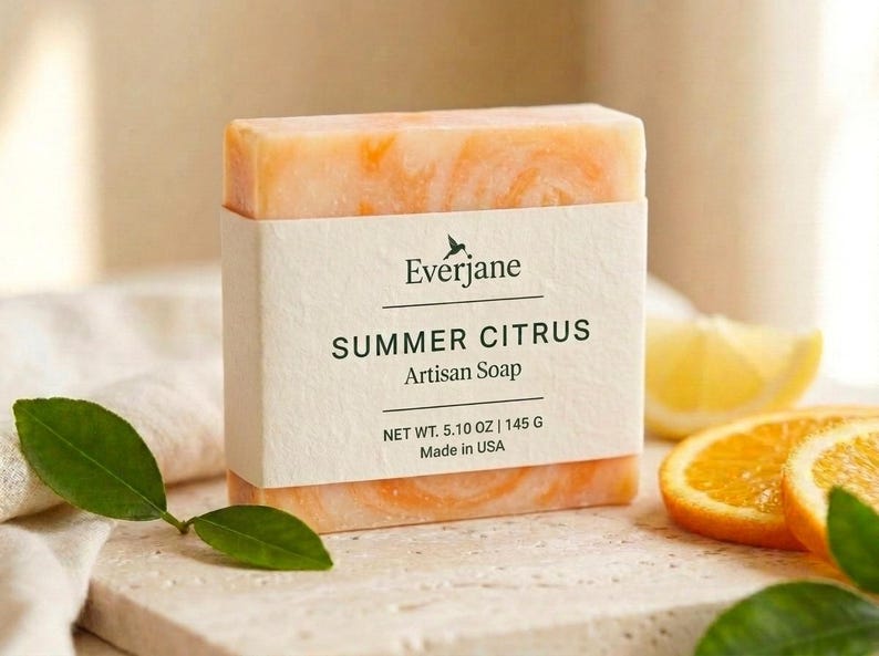 Puede incluir: Una pastilla de jab&oacute;n rectangular con vetas naranjas y blancas, envuelta en una etiqueta de papel color crema. La etiqueta muestra el texto Everjane, SUMMER CITRUS, Artisan Soap y NET WT. 5.10 OZ | 145 G, Made in USA en letras negras.