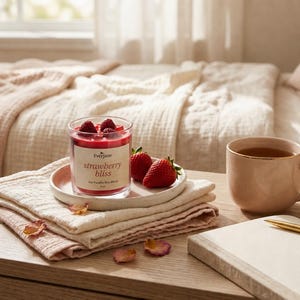 May include: A lit strawberry bliss candle in a clear glass jar, topped with fresh berries, sits on a small plate with two strawberries. A beige mug with a gold rim and a notebook with a gold pen are nearby. The scene is set on a wooden table.