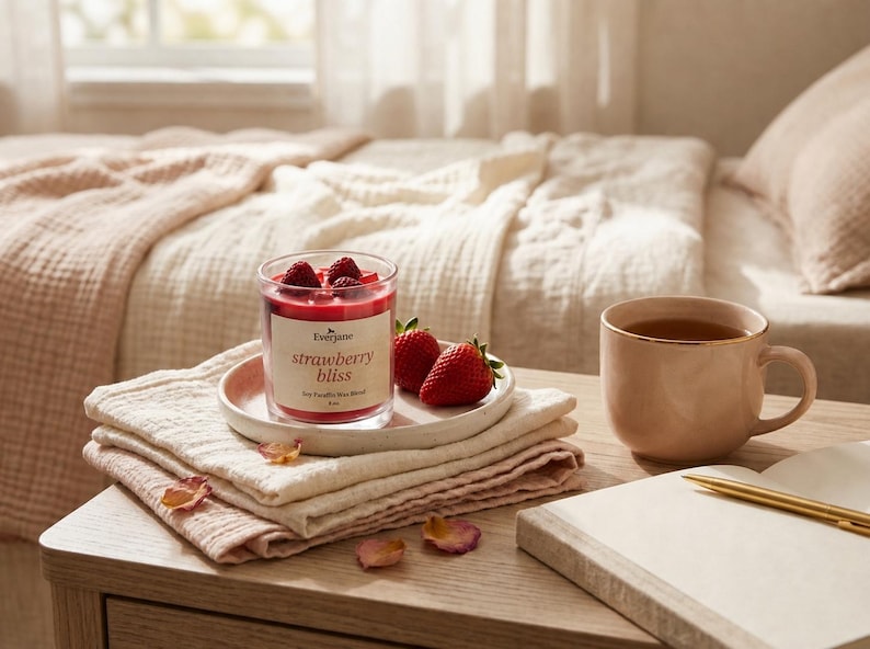 May include: A lit strawberry bliss candle in a clear glass jar, topped with fresh berries, sits on a small plate with two strawberries. A beige mug with a gold rim and a notebook with a gold pen are nearby. The scene is set on a wooden table.
