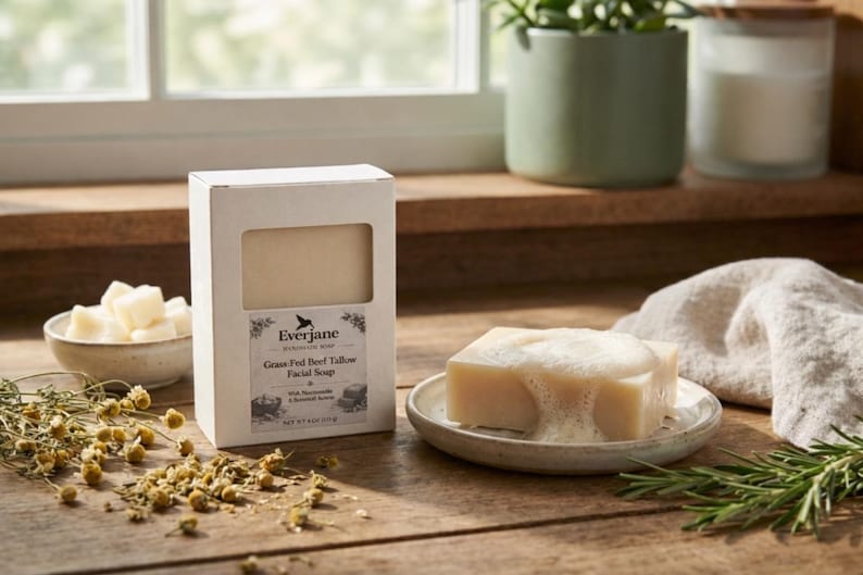 Op de afbeelding: Een witte rechthoekige doos Everjane Grass-Fed Beef Tallow gezichtszeep naast een beige stuk zeep met wit schuim op een klein bordje. Het etiket bevat een vogelicoon en de tekst Net Wt 113g.