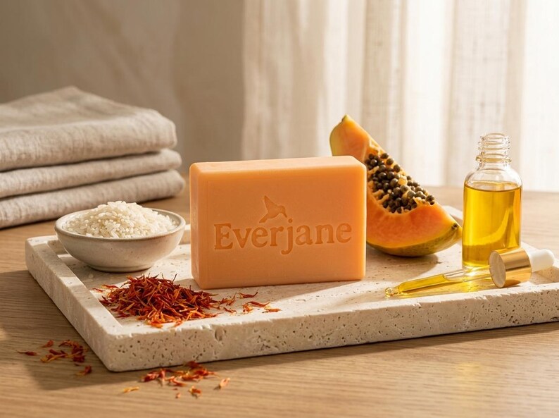May include: A rectangular peach-colored bar of soap embossed with the text Everjane and a hummingbird icon, accompanied by a slice of papaya, a small bowl of white rice, loose saffron threads, and a glass dropper bottle filled with golden oil.