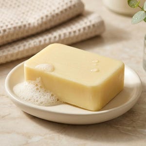 May include: A light yellow rectangular bar of soap sits on a small, white, oval soap dish. The soap has water droplets and a small amount of foam. Two beige towels are in the background, along with a small glass jar with greenery.