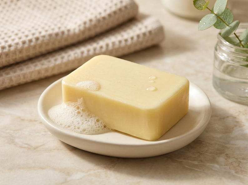 May include: A light yellow rectangular bar of soap sits on a small, white, oval soap dish. The soap has water droplets and a small amount of foam. Two beige towels are in the background, along with a small glass jar with greenery.