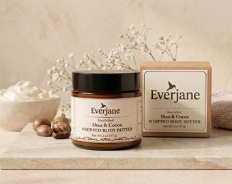 Shea & Cocoa Whipped Body Butter, 2 oz Moisturizer for Dry Skin, Handmade Skincare Gift