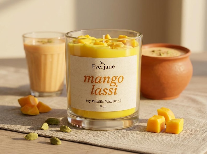 May include: A clear glass candle with a yellow wax and the text "mango lassi". The candle is next to a glass of orange drink and a small clay pot. Mango pieces and cardamom seeds are scattered around.
