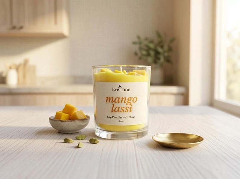 May include: A clear glass candle with yellow wax and the words "mango lassi" on the label. The candle sits on a light wood surface with a small bowl of mango cubes, a gold dish, and cardamom pods.