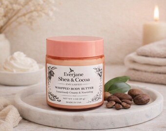 Shea & Cocoa Whipped Body Butter, 3.5 oz Moisturizer for Dry Skin, Handmade Skincare Gift