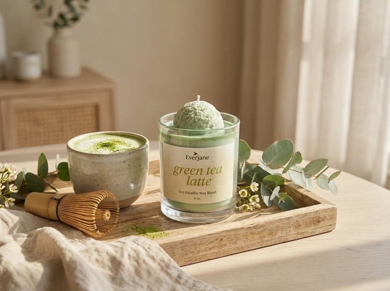 May include: A green tea latte candle with a matcha whisk and a cup of matcha latte on a wooden tray. The candle has a green wax blend and the text "green tea latte" on the label. The candle is 4 oz.