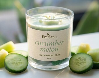 Cucumber Melon Candle, Hibiscus Flower Top, Fresh Summer Scented Soy Wax Blend, 8 oz