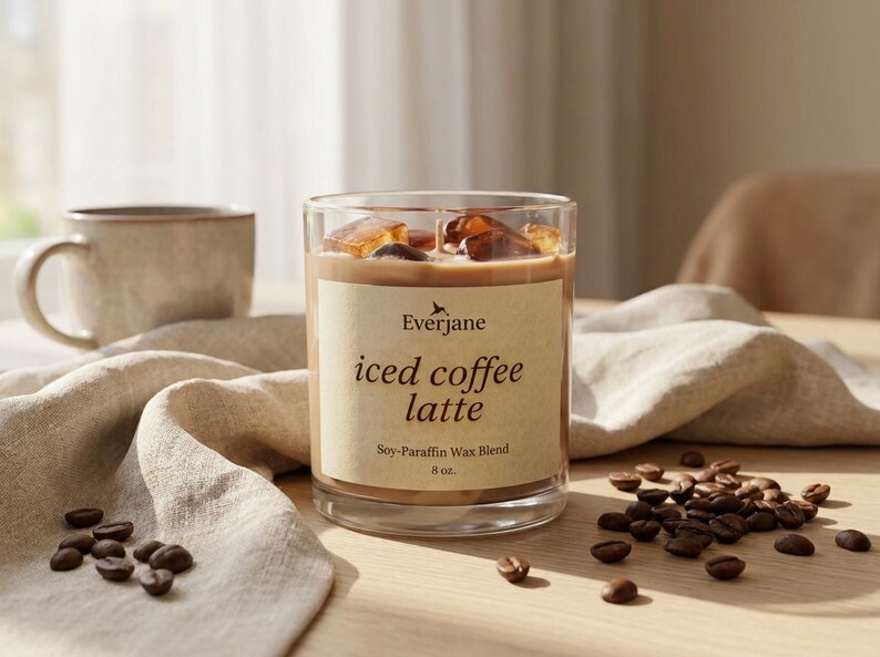 May include: A clear glass candle with a light brown wax, labeled "iced coffee latte." The candle has ice cubes on top and is surrounded by coffee beans. A beige mug and a linen cloth are in the background. The candle is 8 oz.