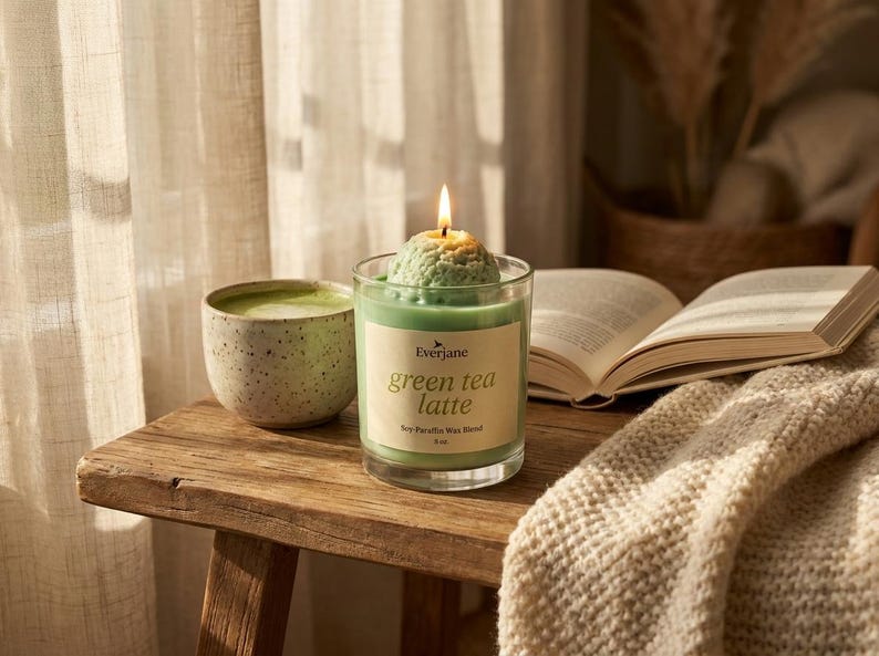 May include: A lit green tea latte scented candle in a glass jar, next to a ceramic cup of matcha and an open book. A cozy beige blanket is draped over the wooden table. The candle is 3 inches tall.