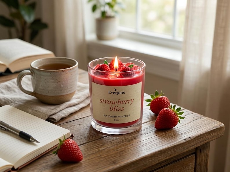 May include: A lit strawberry-scented candle in a clear glass jar with the words "strawberry bliss" on the label. Fresh strawberries and a mug of tea sit on a wooden table next to an open notebook and pen.