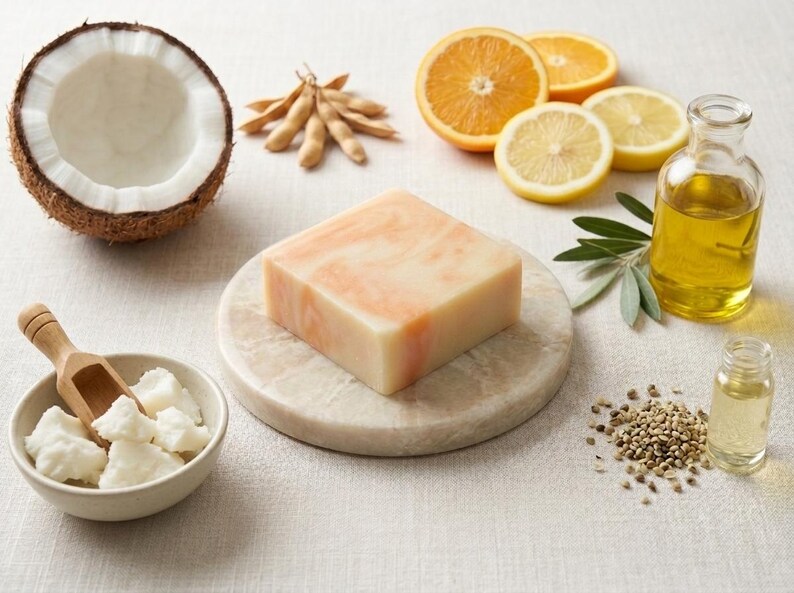 Jabón artesanal Summer Citrus, aceite de oliva, coco y cáñamo, jabón corporal con manteca de karité, 145 g imagen 4