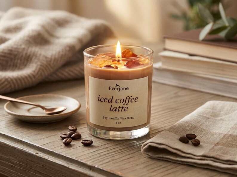 May include: A lit candle in a glass jar with "iced coffee latte" label. The candle has a coffee-colored wax and is surrounded by coffee beans, a small plate with a spoon, and a folded cloth. The candle is 8 oz.