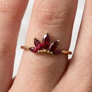 Marquise Cut Ruby Engagement Ring, 5 Stone Ring, Ruby Stackable Ring, Ruby Anniversary Ring for Her, Minimalist Crown Promise Ring for Women