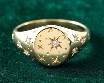 Vintage Diamond Celestial Signet Ring 14k Solid Gold Star & Moon Dome Ring, Family Crest Ring, Personalized Jewelry Signet Ring For Her