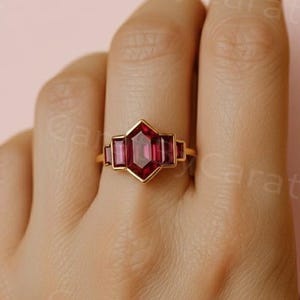 Art Deco Long Hexagon Ruby Ring Baguette Cut Ruby Engagement Ring Anniversary Birthday Gift 18K Gold Ring Bezel Set Promise Jewelry for Her